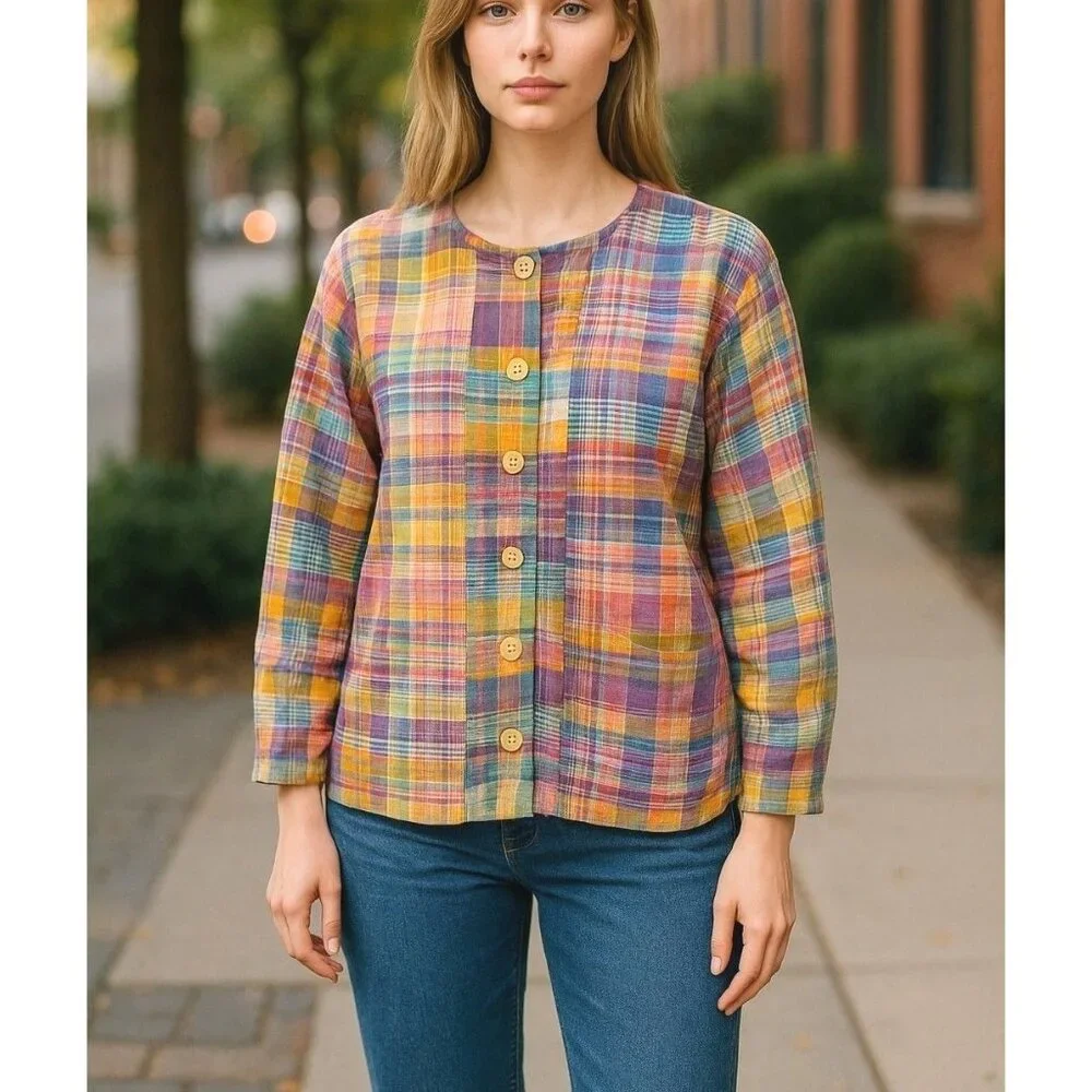 Vintage Orvis Madras Plaid Patchwork Button Up Shirt Womens 12 - Picture 1 of 9